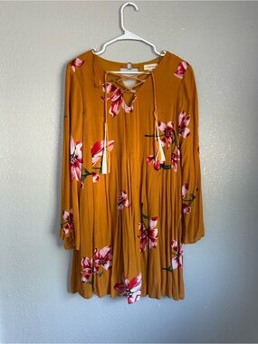 Crescent Yellow Floral Tropical Flowy Long Sleeve Knee Length Dress